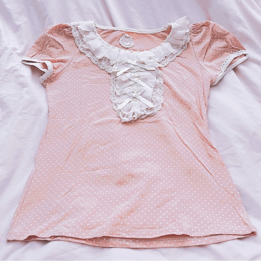Home Gyaru Ryosan Kawaii Harajuku J-fashion Pink Polka Dot Lace Trim Ribbon Top